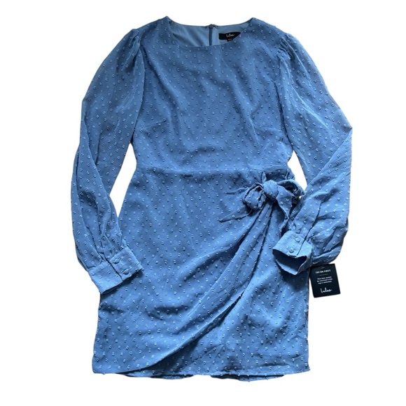 Lulus Much Love Light Blue Swiss Dot Long Sleeve Tie-Front Mini Dress Medium NEW - Picture 2 of 6